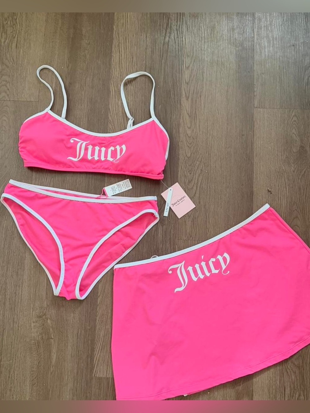 Juicy Couture Neon Pink Bikini Top, Bottoms & Skirt Set